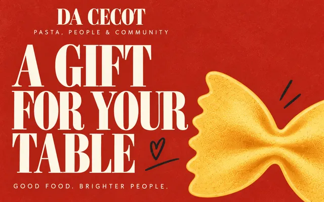 Da Cecot gift card: A Gift for Your Table — a golden bow-tie pasta on red.