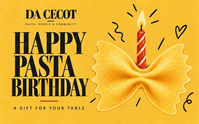 Da Cecot gift card: Happy Pasta Birthday — a bow-tie pasta with a birthday candle.