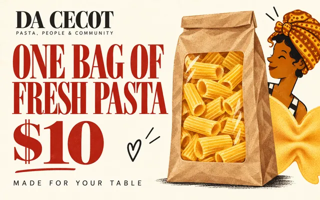 Da Cecot gift card: One Bag of Fresh Pasta, $10 — a paper bag of rigatoni.