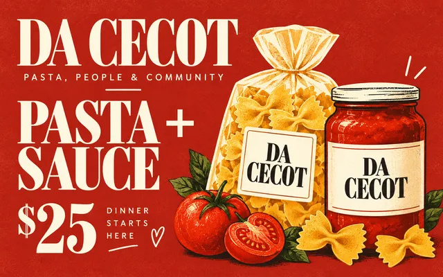 Da Cecot gift card: Pasta + Sauce, $25 — a bag of farfalle and a jar of tomato sauce.