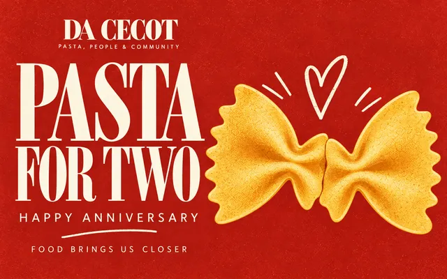 Da Cecot gift card: Pasta for Two, Happy Anniversary — two bow-tie pastas and a heart.